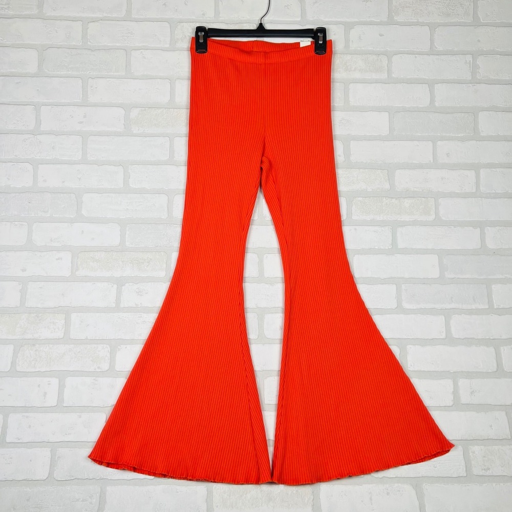 Aerie Womens Ribbed Knit High Waisted Flare Bell Bottom Pants Orange Size S NEW